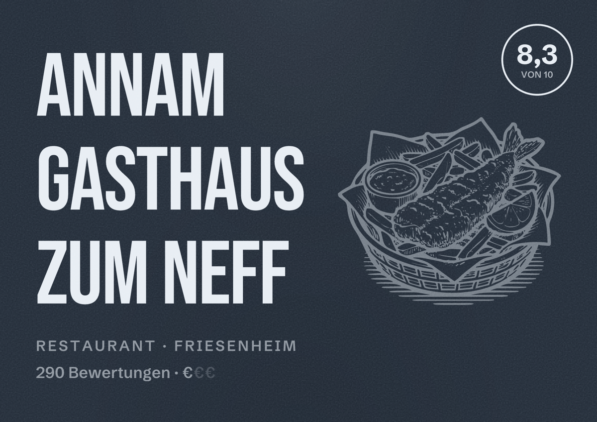 Illustriertes Poster von Annam Gasthaus zum Neff, Restaurant in Friesenheim: Bewertung 8,3 von 10 aus 290 Bewertungen, Preisniveau €