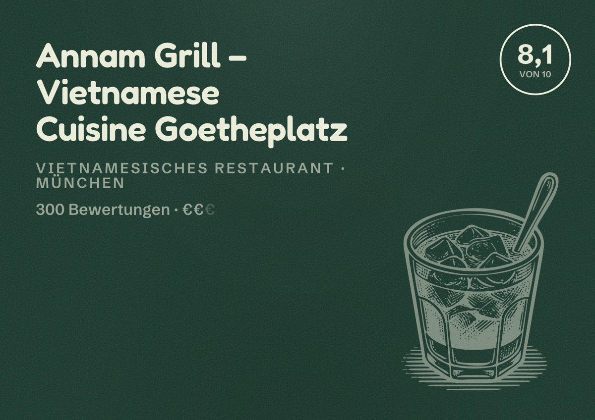 Illustriertes Poster von Annam Grill – Vietnamese Cuisine Goetheplatz, Vietnamesisches Restaurant in München: Bewertung 8,1 von 10 aus 300 Bewertungen, Preisniveau €€