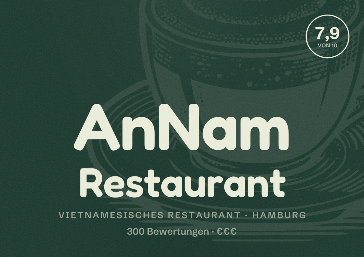 Illustriertes Poster von AnNam Restaurant, Vietnamesisches Restaurant in Hamburg: Bewertung 7,9 von 10 aus 300 Bewertungen, Preisniveau €€€
