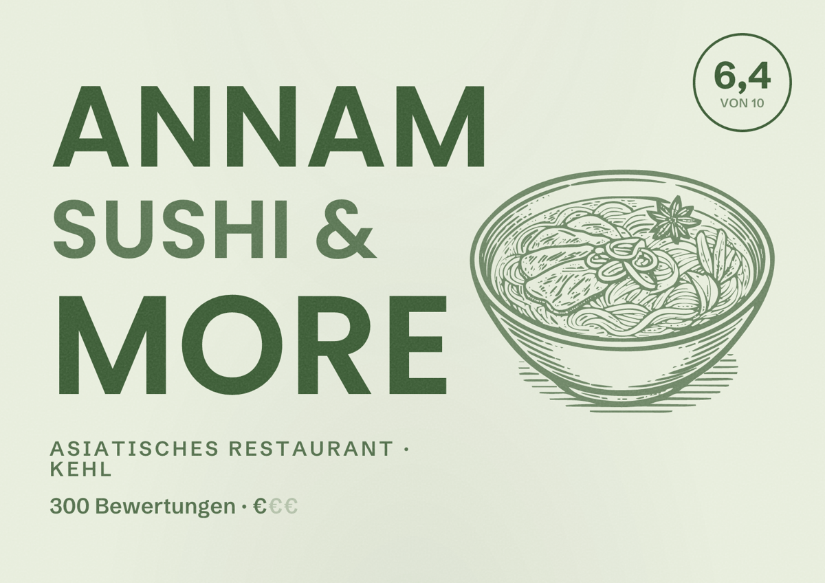 Illustriertes Poster von Annam Sushi & More, Asiatisches Restaurant in Kehl: Bewertung 6,4 von 10 aus 300 Bewertungen, Preisniveau €