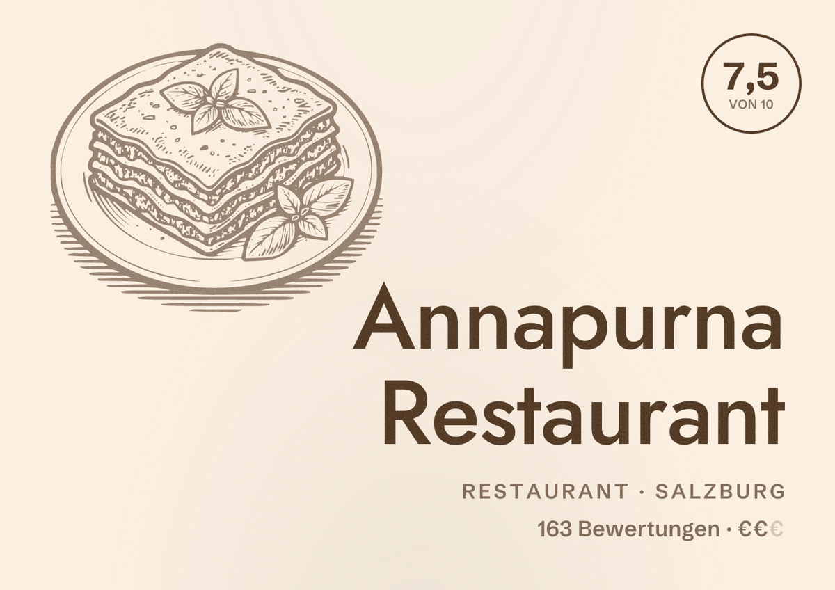 Illustriertes Poster von Annapurna Restaurant, Restaurant in Salzburg: Bewertung 7,5 von 10 aus 163 Bewertungen, Preisniveau €€