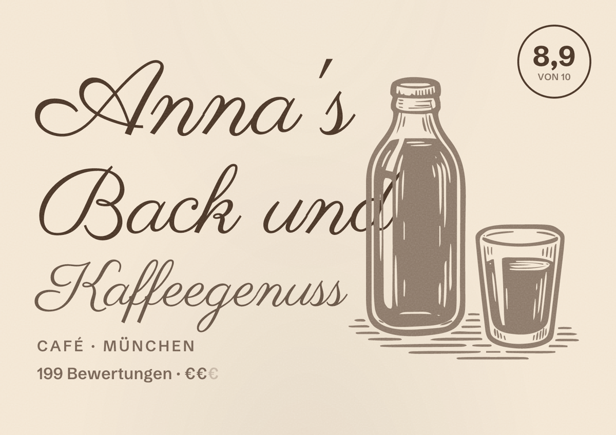 Illustriertes Poster von Anna's Back und Kaffeegenuss, Café in München: Bewertung 8,9 von 10 aus 199 Bewertungen, Preisniveau €€