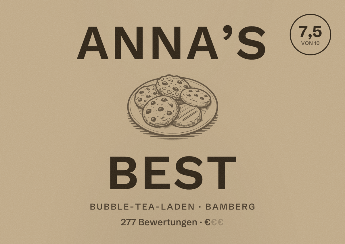 Illustriertes Poster von Anna’s best, Bubble-Tea-Laden in Bamberg: Bewertung 7,5 von 10 aus 277 Bewertungen, Preisniveau €