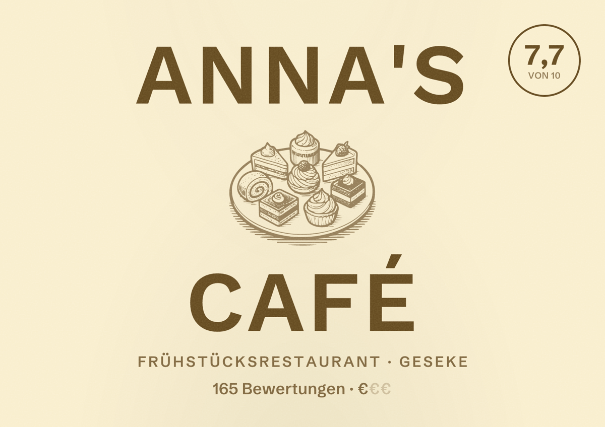 Illustriertes Poster von Anna's Café, Frühstücksrestaurant in Geseke: Bewertung 7,7 von 10 aus 165 Bewertungen, Preisniveau €