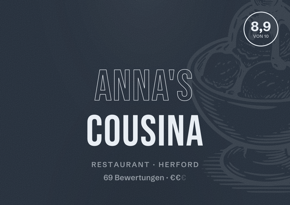 Illustriertes Poster von Anna's Cousina, Restaurant in Herford: Bewertung 8,9 von 10 aus 69 Bewertungen, Preisniveau €€