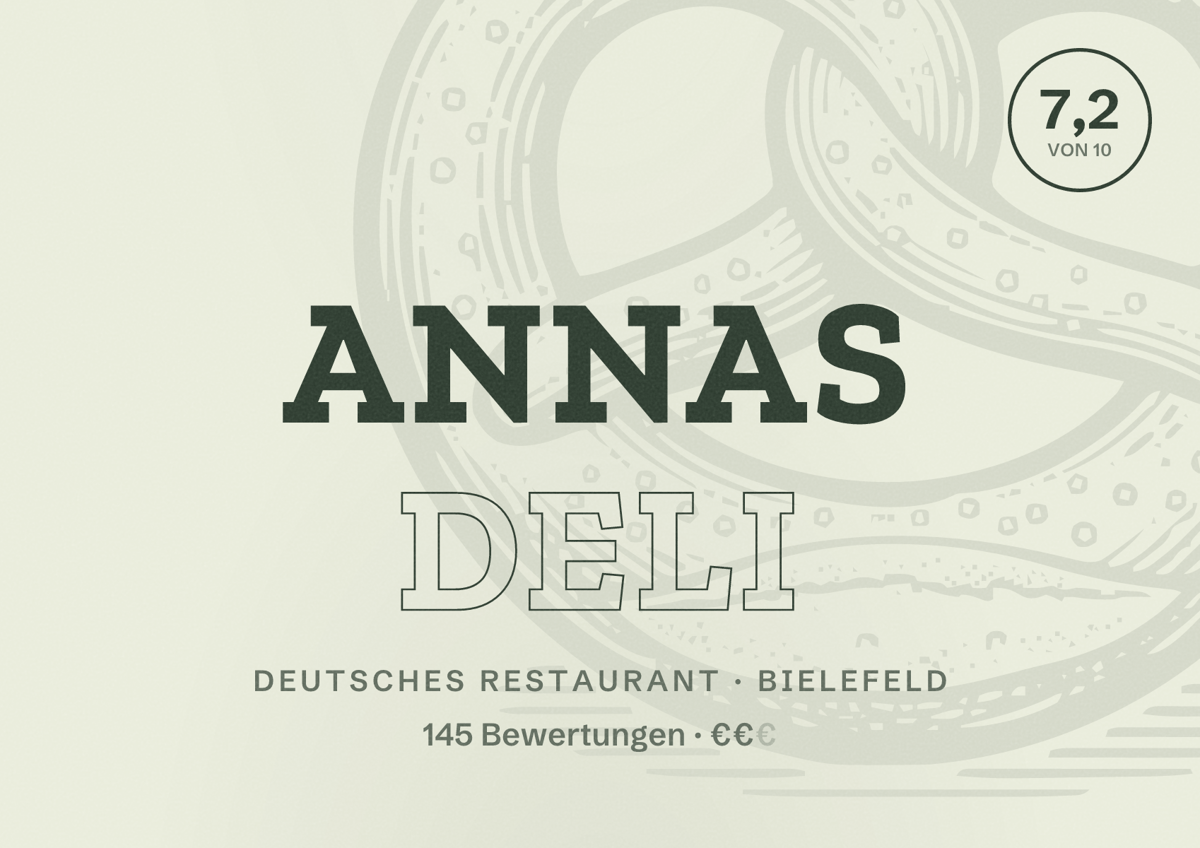 Illustriertes Poster von annas deli, Deutsches Restaurant in Bielefeld: Bewertung 7,2 von 10 aus 145 Bewertungen, Preisniveau €€