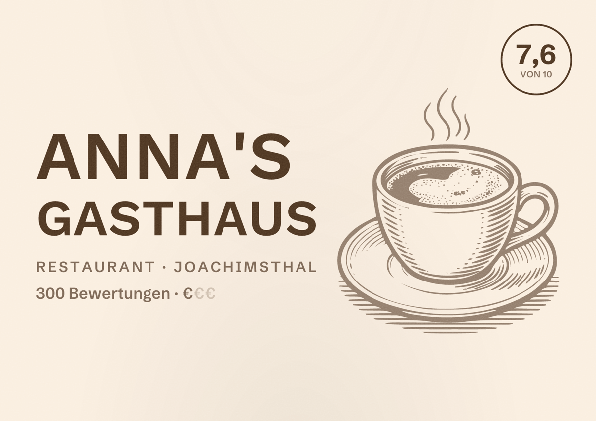 Illustriertes Poster von Anna's Gasthaus, Restaurant in Joachimsthal: Bewertung 7,6 von 10 aus 300 Bewertungen, Preisniveau €