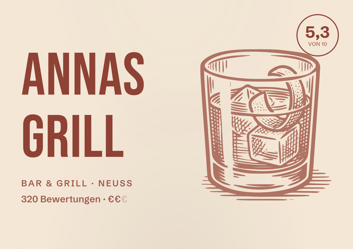 Illustriertes Poster von Annas Grill, Bar & Grill in Neuss: Bewertung 5,3 von 10 aus 320 Bewertungen, Preisniveau €€