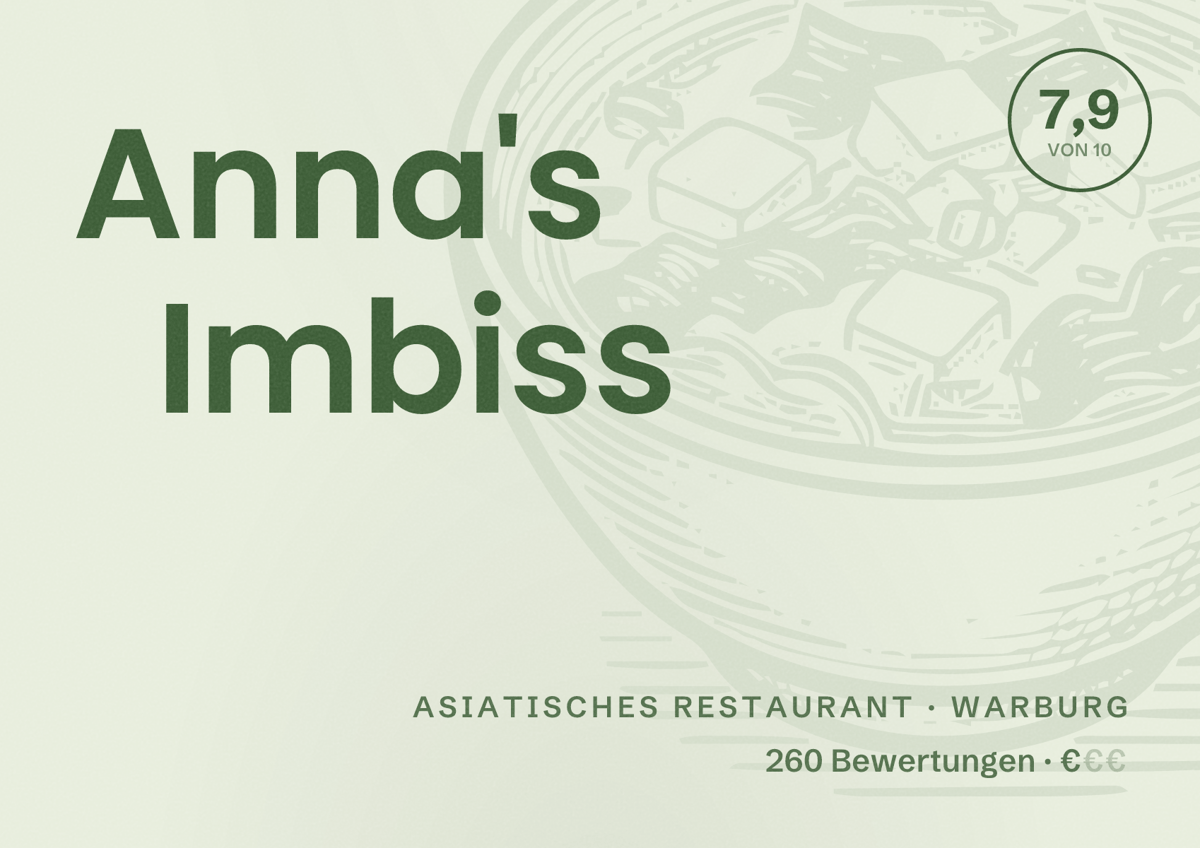 Illustriertes Poster von Anna's Imbiss, Asiatisches Restaurant in Warburg: Bewertung 7,9 von 10 aus 260 Bewertungen, Preisniveau €