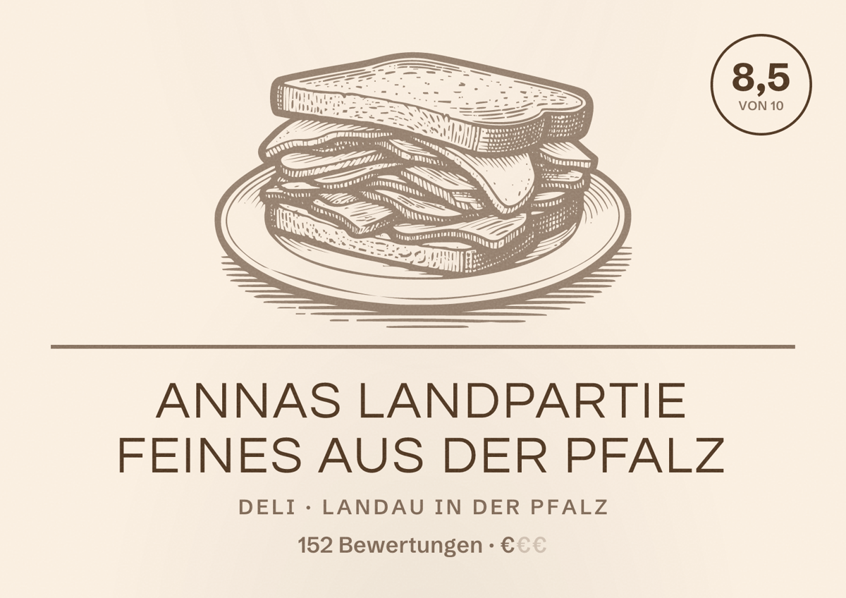 Illustriertes Poster von Annas Landpartie Feines aus der Pfalz, Deli in Landau in der Pfalz: Bewertung 8,5 von 10 aus 152 Bewertungen, Preisniveau €