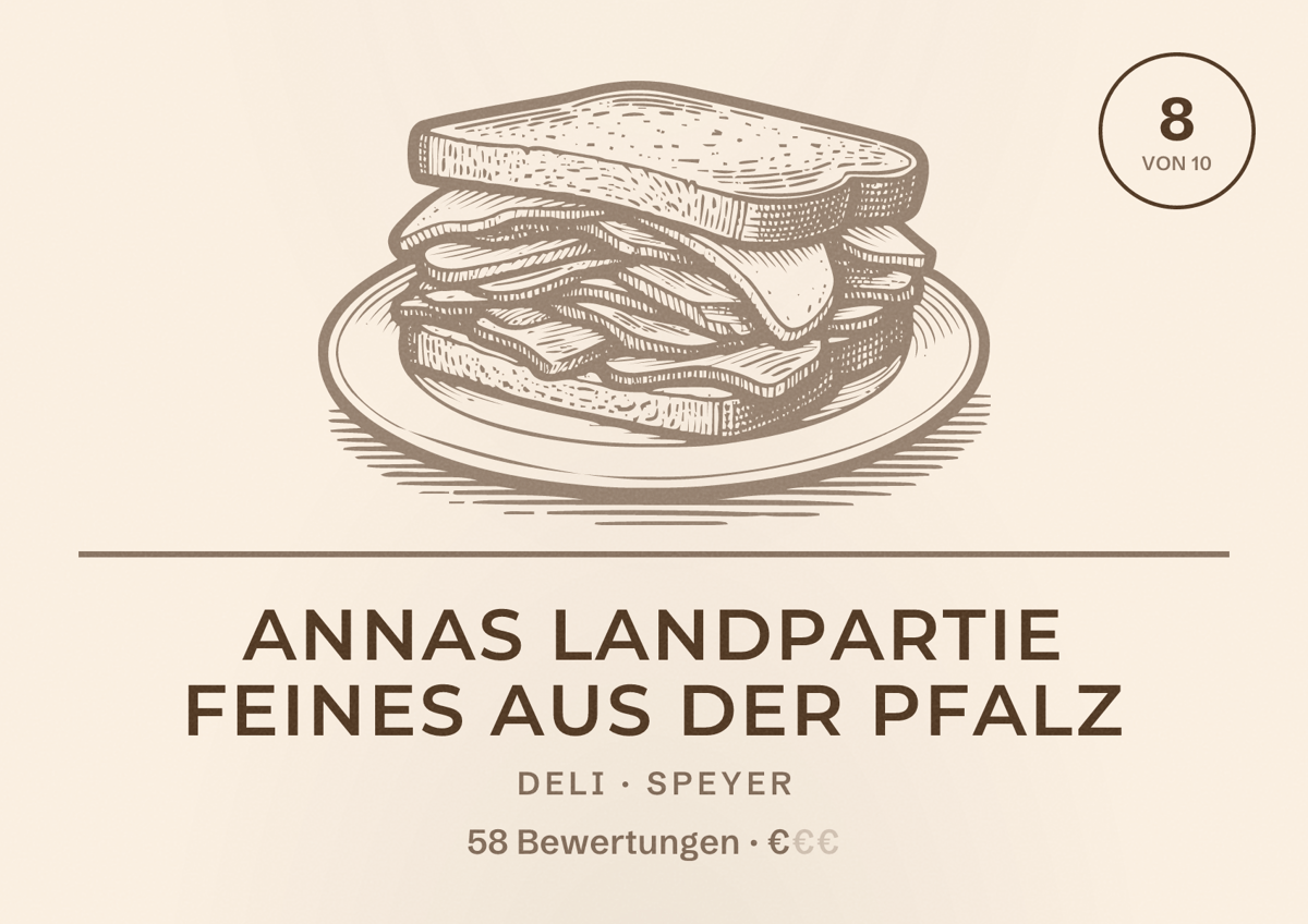 Illustriertes Poster von Annas Landpartie Feines aus der Pfalz, Deli in Speyer: Bewertung 8 von 10 aus 58 Bewertungen, Preisniveau €