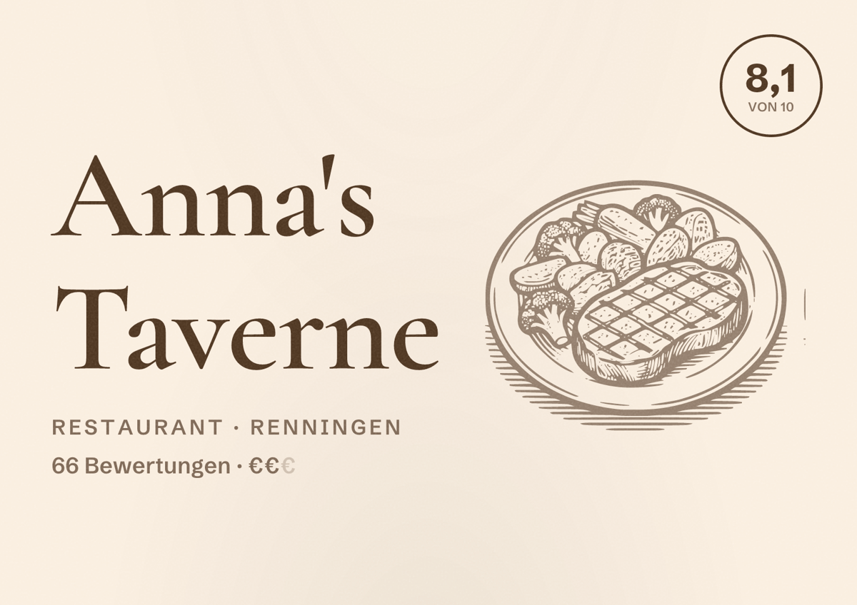 Illustriertes Poster von Anna's Taverne, Restaurant in Renningen: Bewertung 8,1 von 10 aus 66 Bewertungen, Preisniveau €€