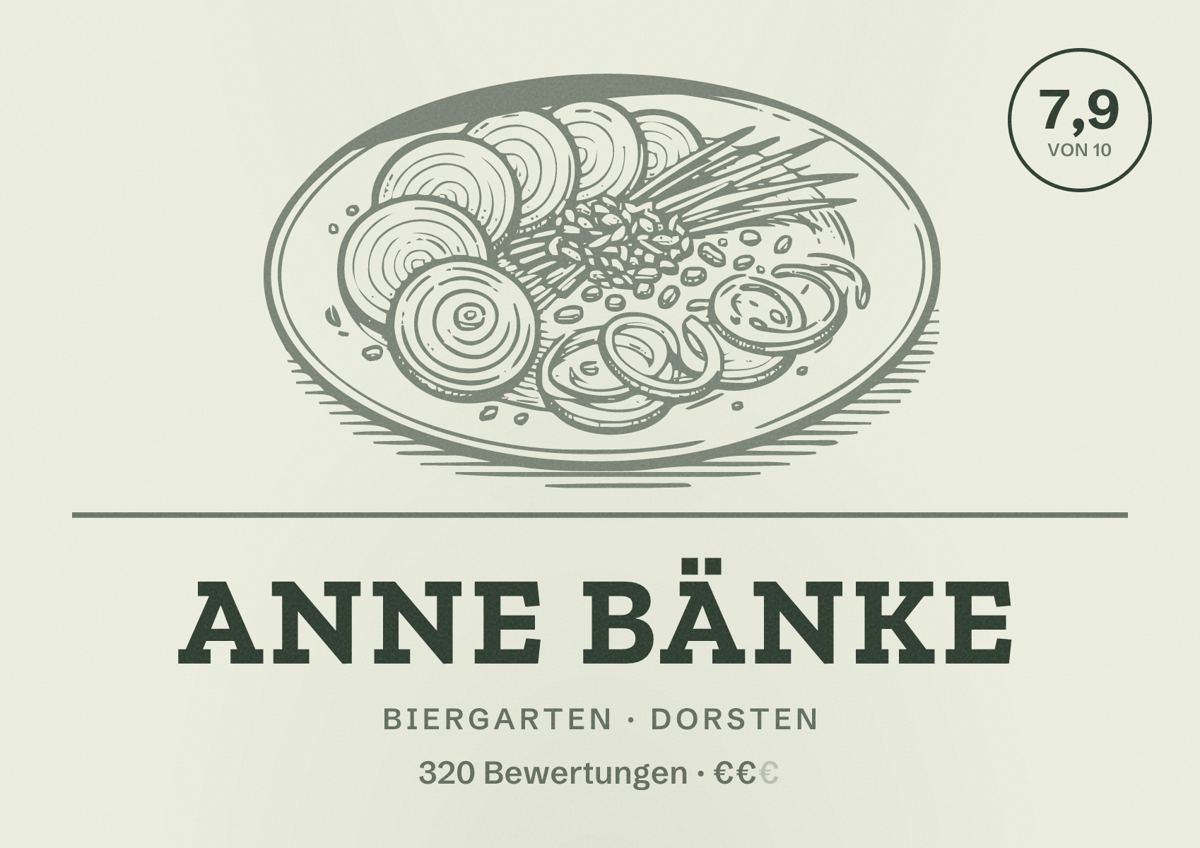 Illustriertes Poster von anne Bänke, Biergarten in Dorsten: Bewertung 7,9 von 10 aus 320 Bewertungen, Preisniveau €€