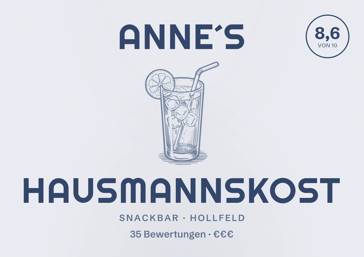 Illustriertes Poster von Anne´s Hausmannskost, Snackbar in Hollfeld: Bewertung 8,6 von 10 aus 35 Bewertungen, Preisniveau €€€