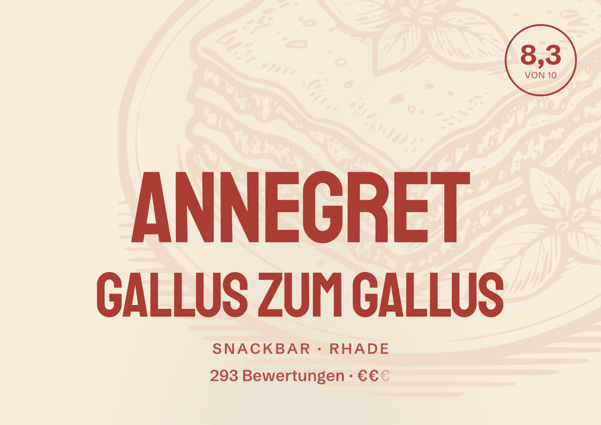 Illustriertes Poster von Annegret Gallus Zum Gallus, Snackbar in Rhade: Bewertung 8,3 von 10 aus 293 Bewertungen, Preisniveau €€