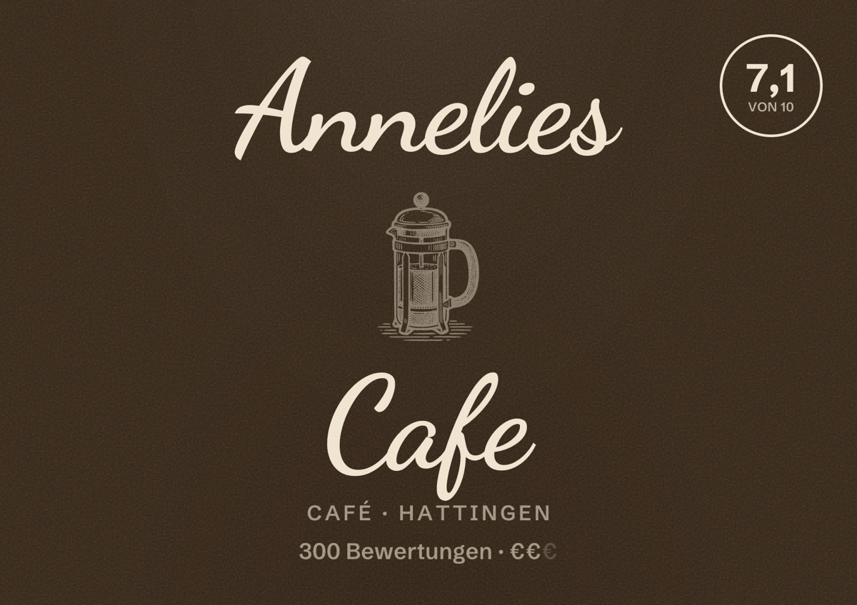 Illustriertes Poster von Annelies Cafe, Café in Hattingen: Bewertung 7,1 von 10 aus 300 Bewertungen, Preisniveau €€