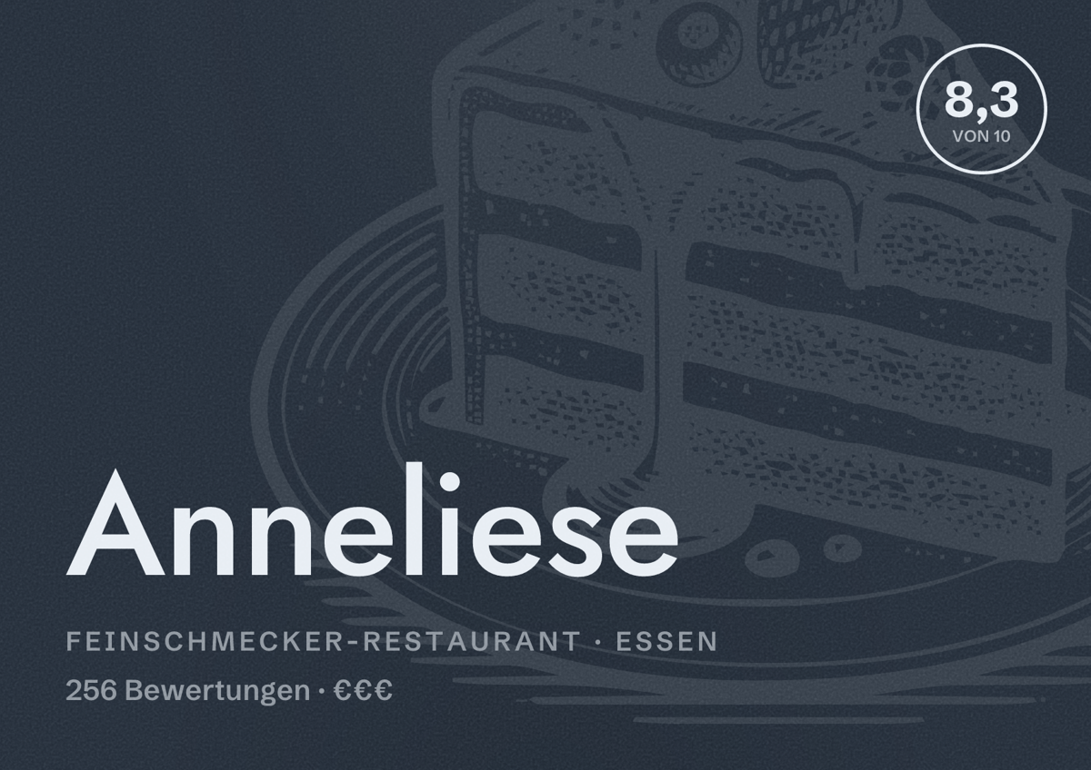 Illustriertes Poster von Anneliese, Feinschmecker-Restaurant in Essen: Bewertung 8,3 von 10 aus 256 Bewertungen, Preisniveau €€€