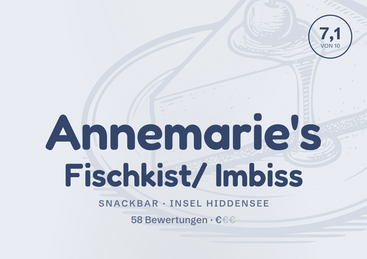 Illustriertes Poster von Annemarie's Fischkist/ Imbiss, Snackbar in Insel Hiddensee: Bewertung 7,1 von 10 aus 58 Bewertungen, Preisniveau €