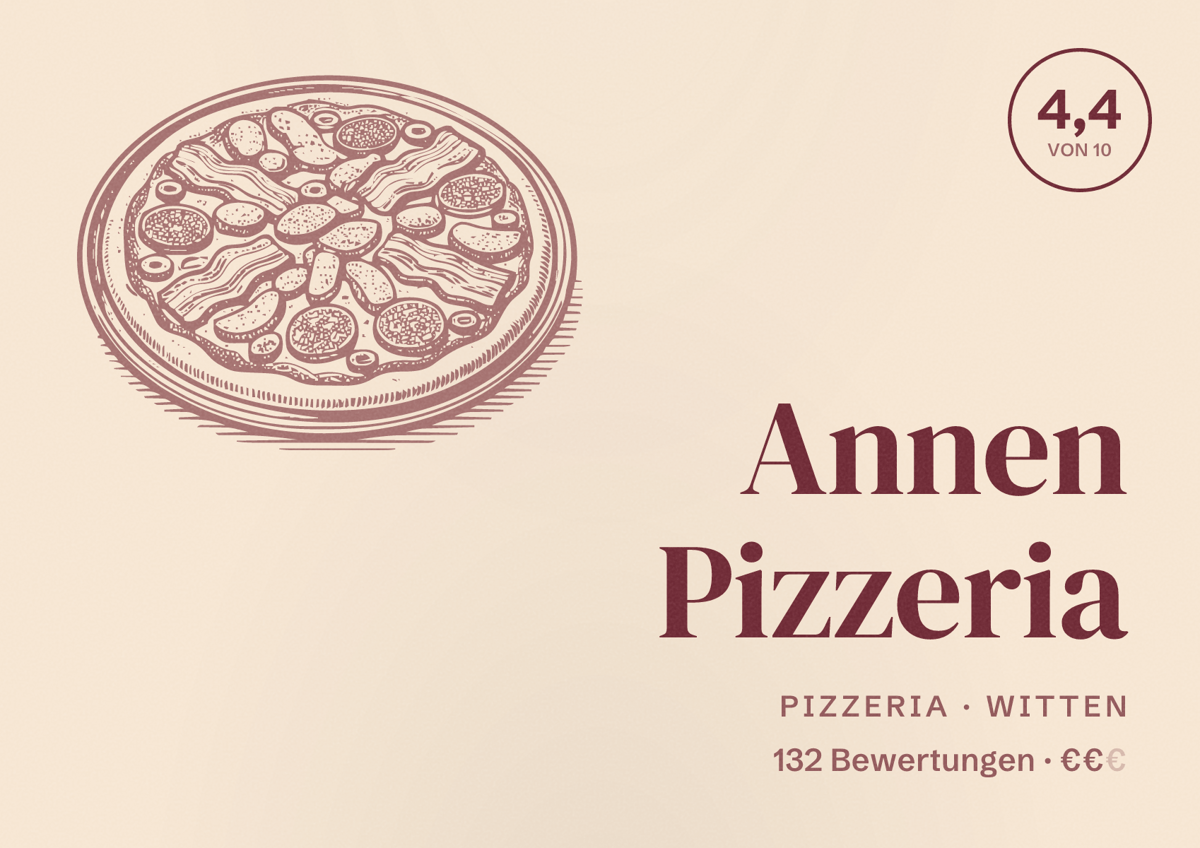 Illustriertes Poster von Annen Pizzeria, Pizzeria in Witten: Bewertung 4,4 von 10 aus 132 Bewertungen, Preisniveau €€