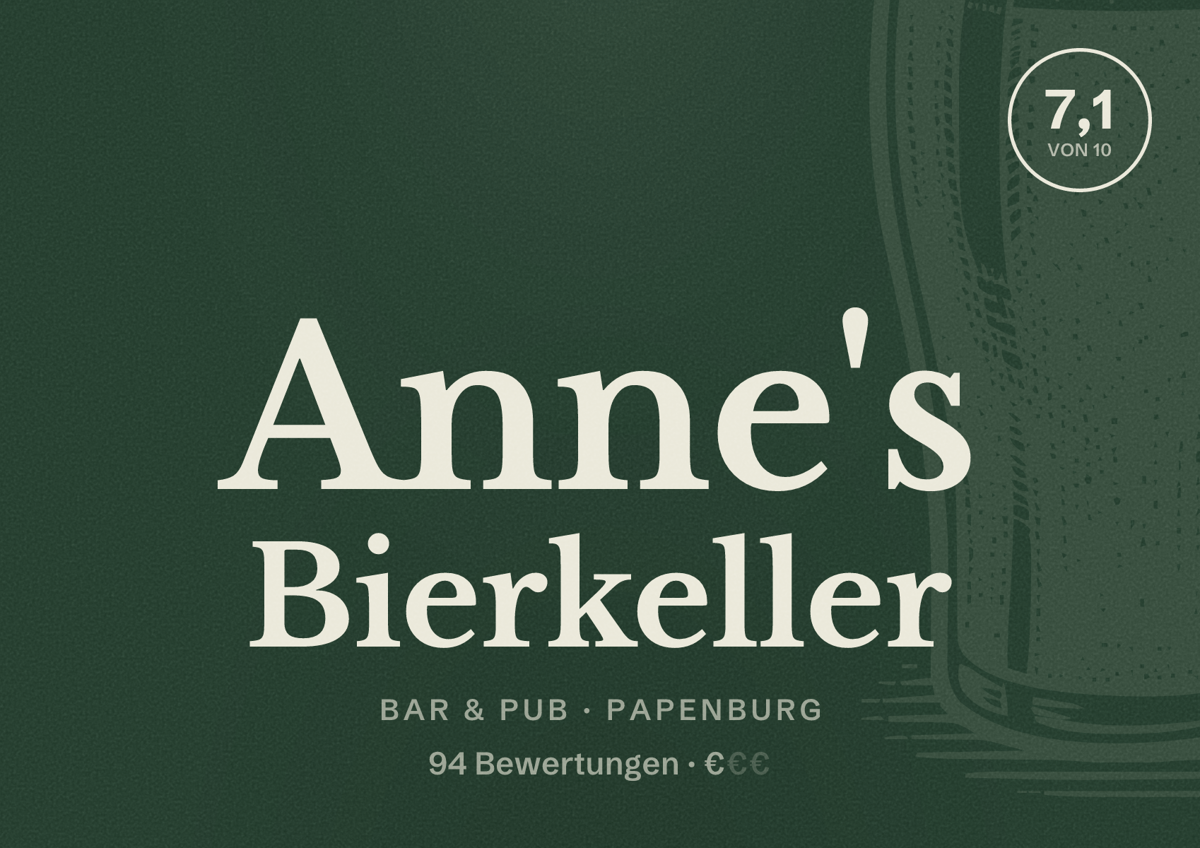 Illustriertes Poster von Anne's Bierkeller, Bar & Pub in Papenburg: Bewertung 7,1 von 10 aus 94 Bewertungen, Preisniveau €