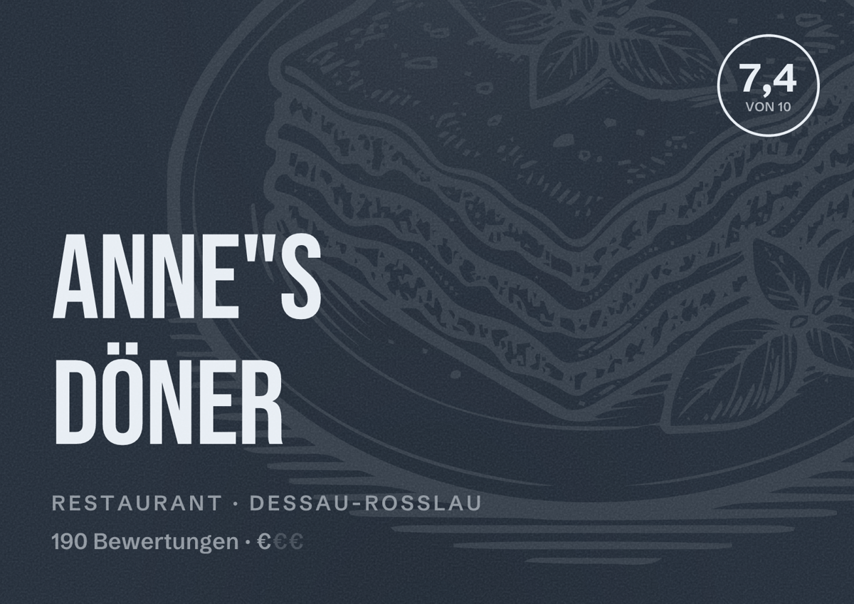 Illustriertes Poster von ANNE"S DÖNER, Restaurant in Dessau-Roßlau: Bewertung 7,4 von 10 aus 190 Bewertungen, Preisniveau €