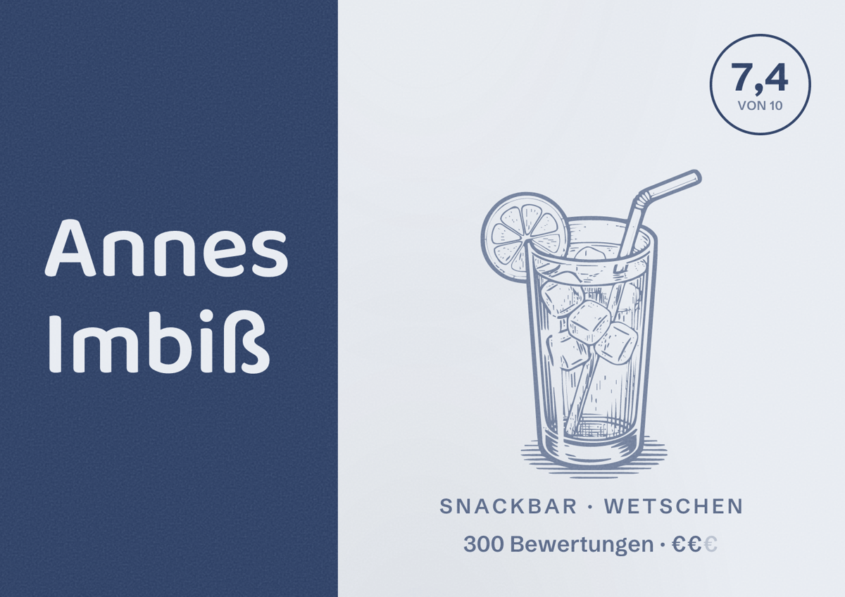 Illustriertes Poster von Annes Imbiß, Snackbar in Wetschen: Bewertung 7,4 von 10 aus 300 Bewertungen, Preisniveau €€