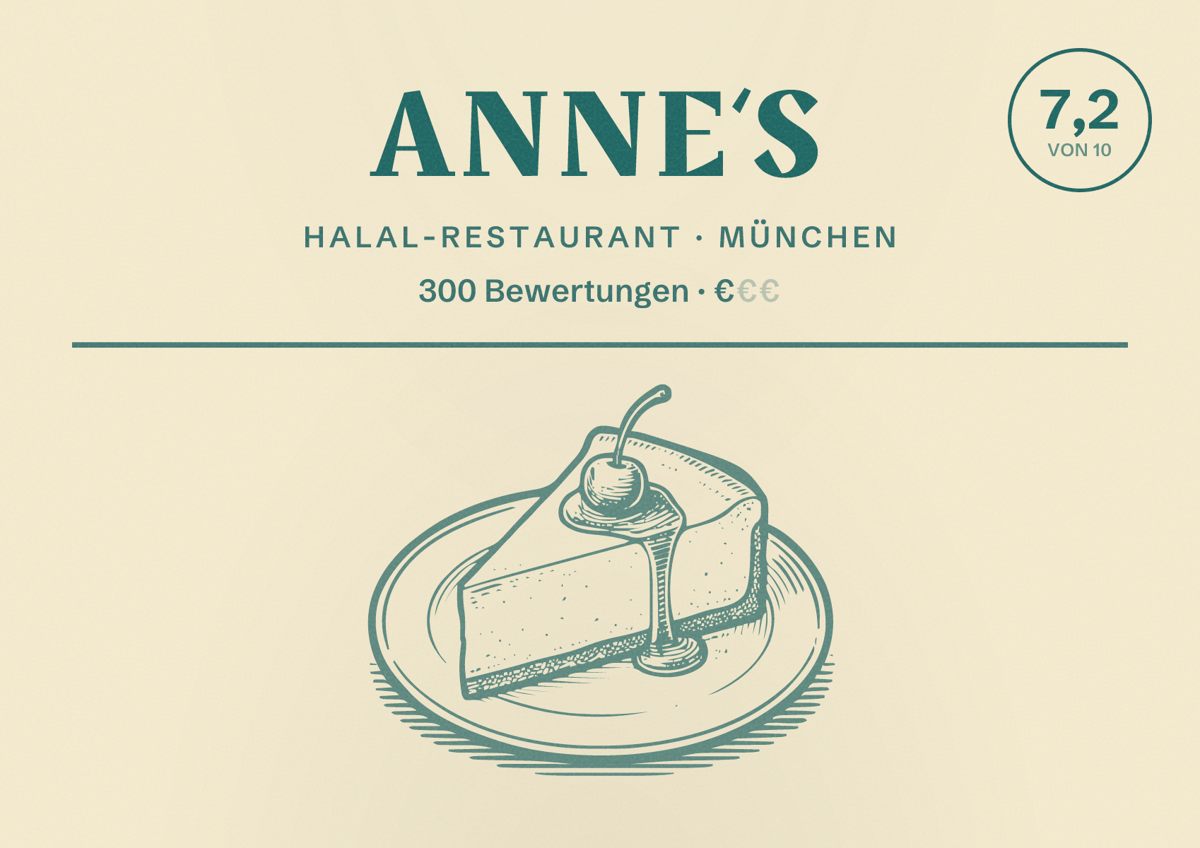 Illustriertes Poster von Anne‘s, Halal-Restaurant in München: Bewertung 7,2 von 10 aus 300 Bewertungen, Preisniveau €