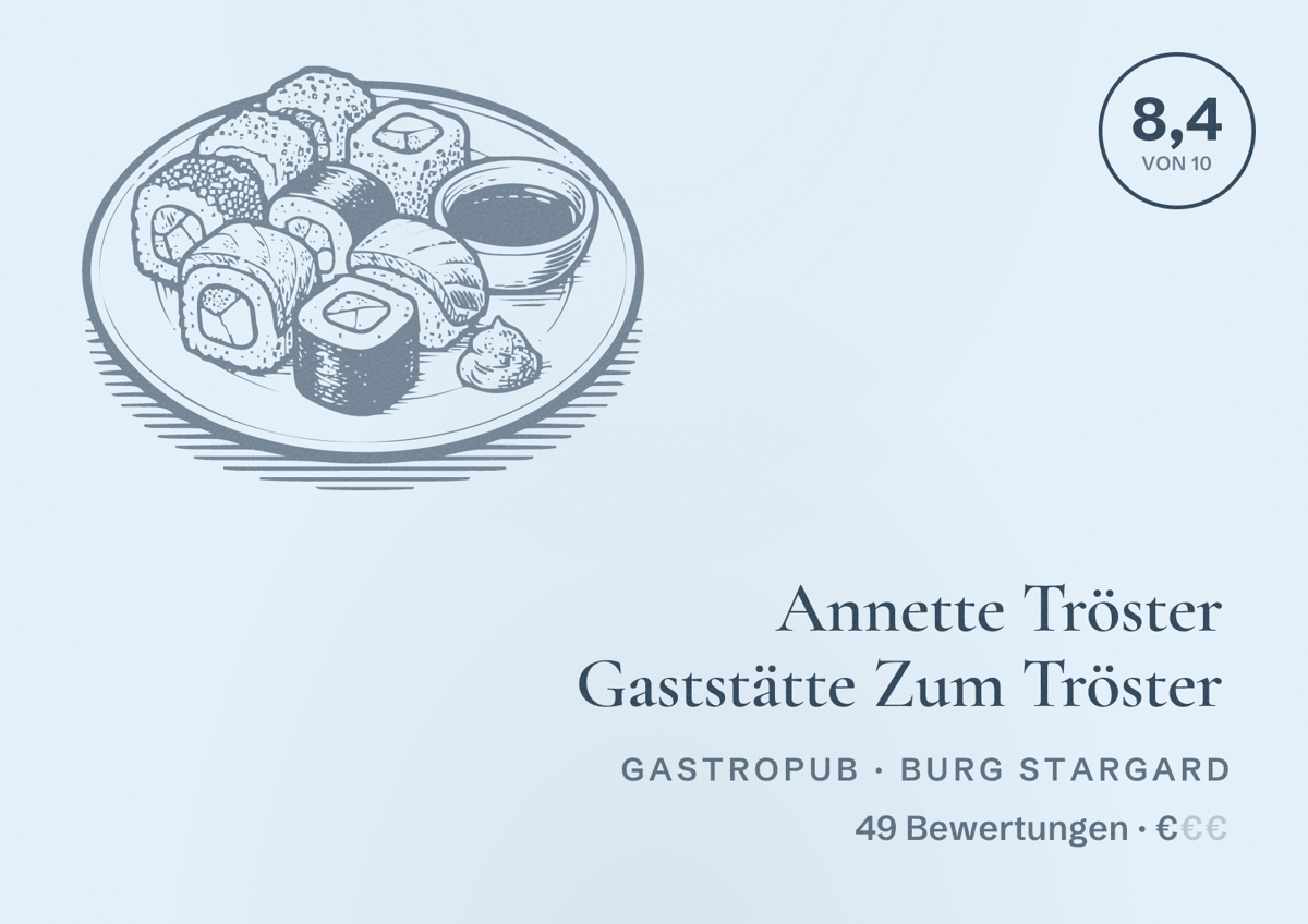 Illustriertes Poster von Annette Tröster Gaststätte Zum Tröster, Gastropub in Burg Stargard: Bewertung 8,4 von 10 aus 49 Bewertungen, Preisniveau €