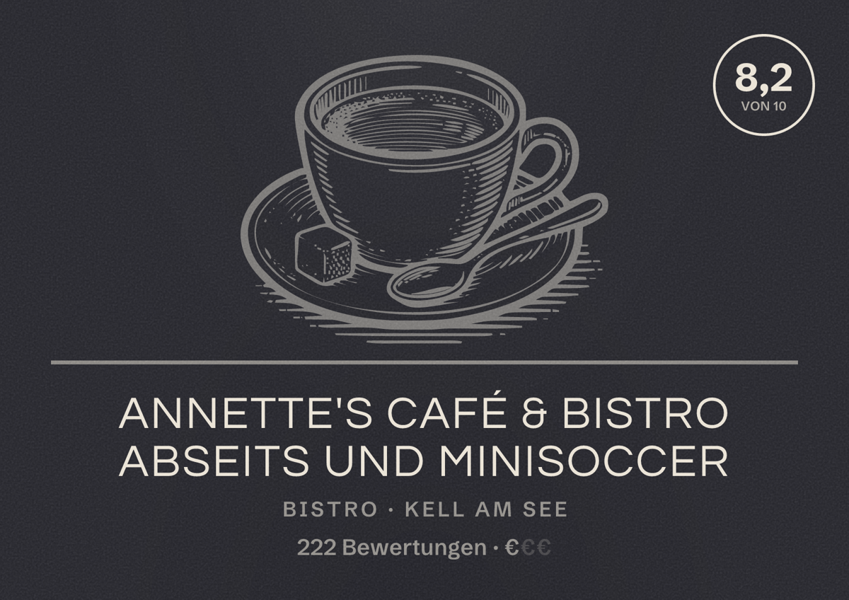 Illustriertes Poster von Annette's Café & Bistro Abseits und Minisoccer, Bistro in Kell am See: Bewertung 8,2 von 10 aus 222 Bewertungen, Preisniveau €