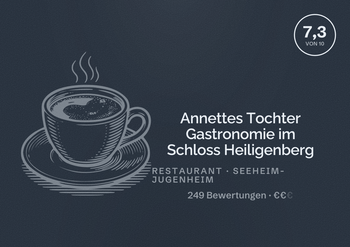 Illustriertes Poster von Annettes Tochter Gastronomie im Schloss Heiligenberg, Restaurant in Seeheim-Jugenheim: Bewertung 7,3 von 10 aus 249 Bewertungen, Preisniveau €€