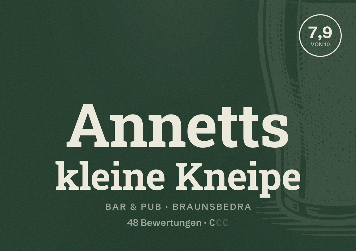 Illustriertes Poster von Annetts kleine Kneipe, Bar & Pub in Braunsbedra: Bewertung 7,9 von 10 aus 48 Bewertungen, Preisniveau €