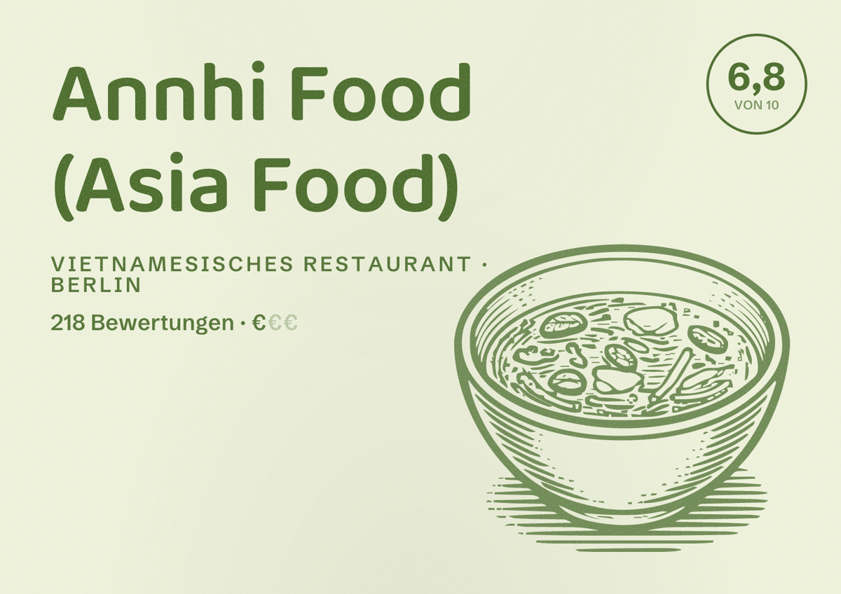 Illustriertes Poster von Annhi Food (Asia Food), Vietnamesisches Restaurant in Berlin: Bewertung 6,8 von 10 aus 218 Bewertungen, Preisniveau €