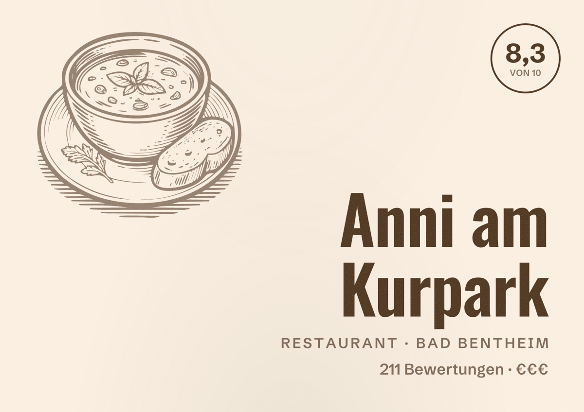 Illustriertes Poster von Anni am Kurpark, Restaurant in Bad Bentheim: Bewertung 8,3 von 10 aus 211 Bewertungen, Preisniveau €€€