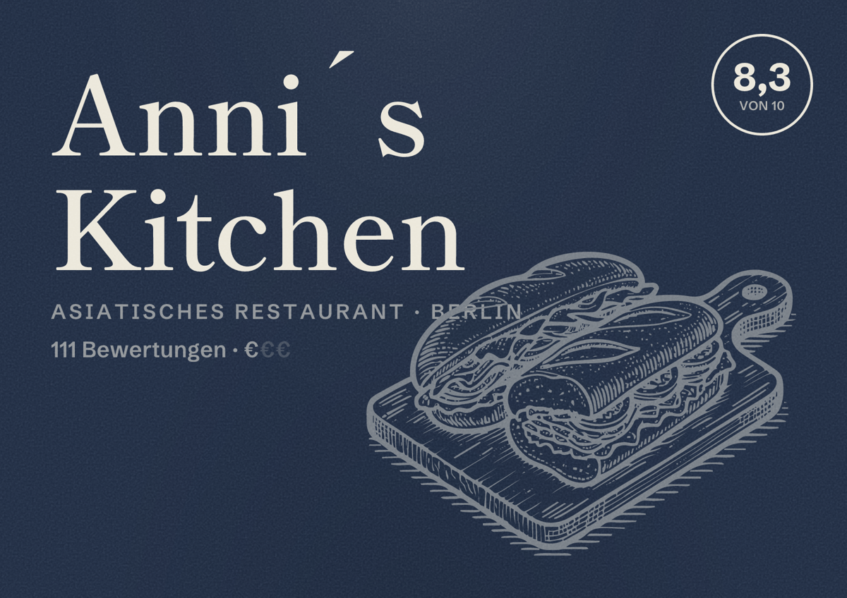 Illustriertes Poster von Anni´s Kitchen, Asiatisches Restaurant in Berlin: Bewertung 8,3 von 10 aus 111 Bewertungen, Preisniveau €