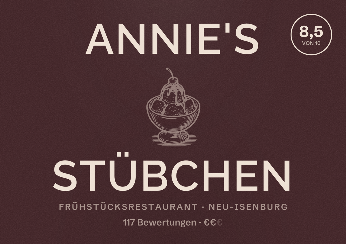 Illustriertes Poster von Annie's Stübchen, Frühstücksrestaurant in Neu-Isenburg: Bewertung 8,5 von 10 aus 117 Bewertungen, Preisniveau €€