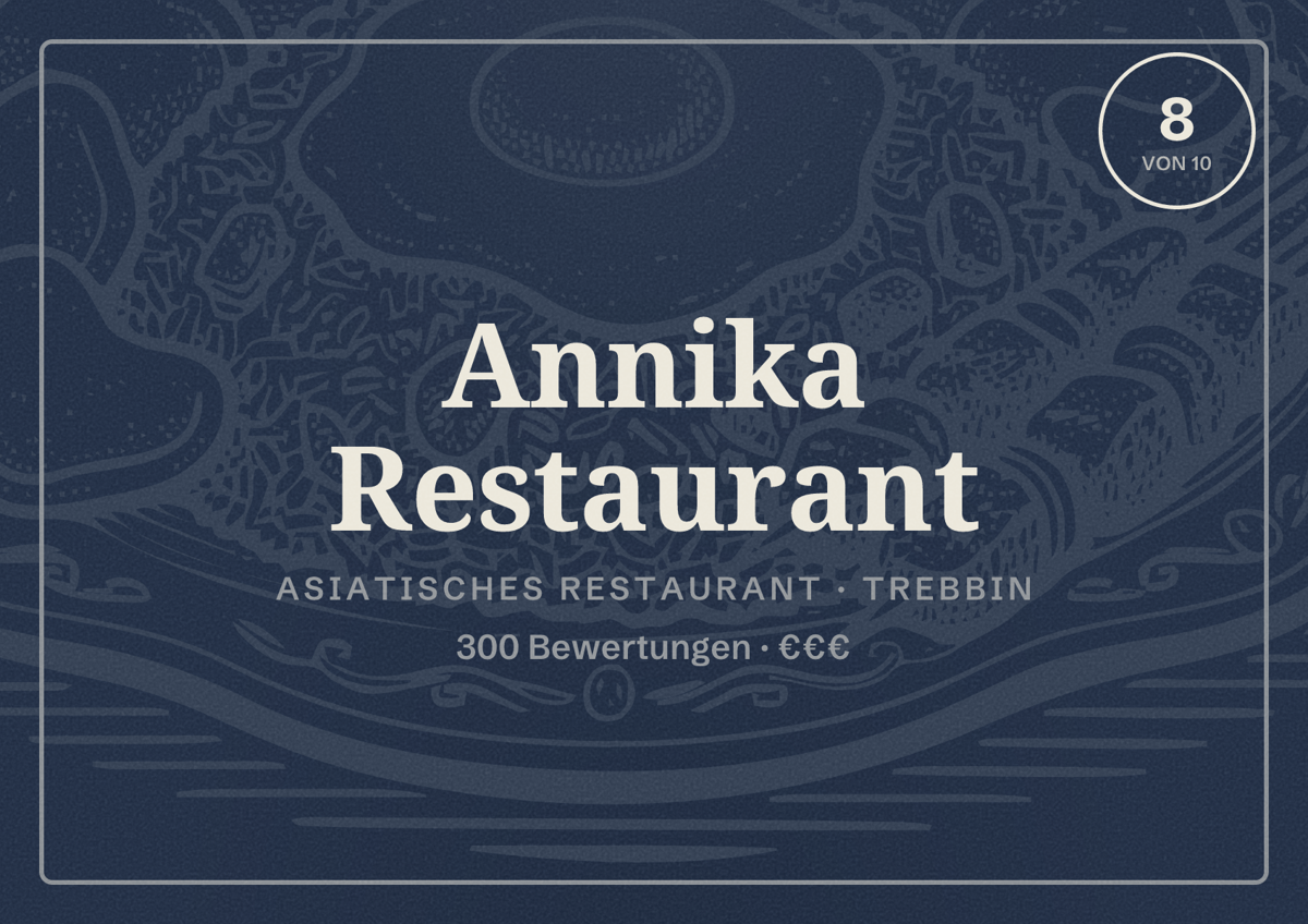 Illustriertes Poster von Annika Restaurant, Asiatisches Restaurant in Trebbin: Bewertung 8 von 10 aus 300 Bewertungen, Preisniveau €€€