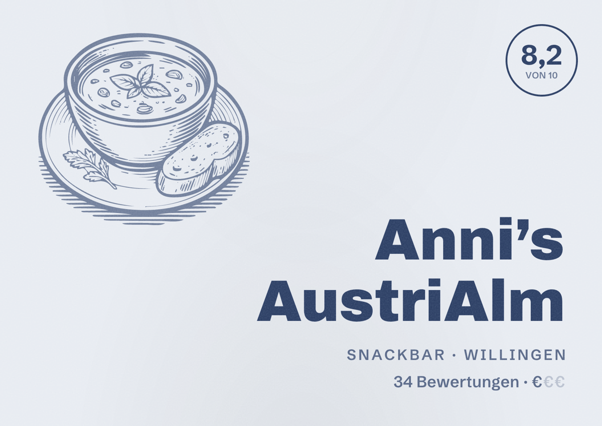 Illustriertes Poster von Anni’s AustriAlm, Snackbar in Willingen: Bewertung 8,2 von 10 aus 34 Bewertungen, Preisniveau €