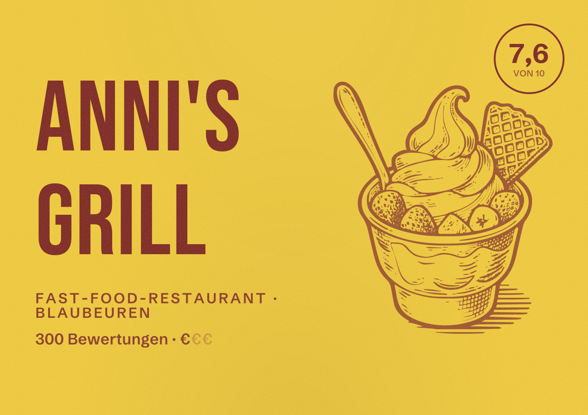 Illustriertes Poster von Anni's Grill, Fast-Food-Restaurant in Blaubeuren: Bewertung 7,6 von 10 aus 300 Bewertungen, Preisniveau €