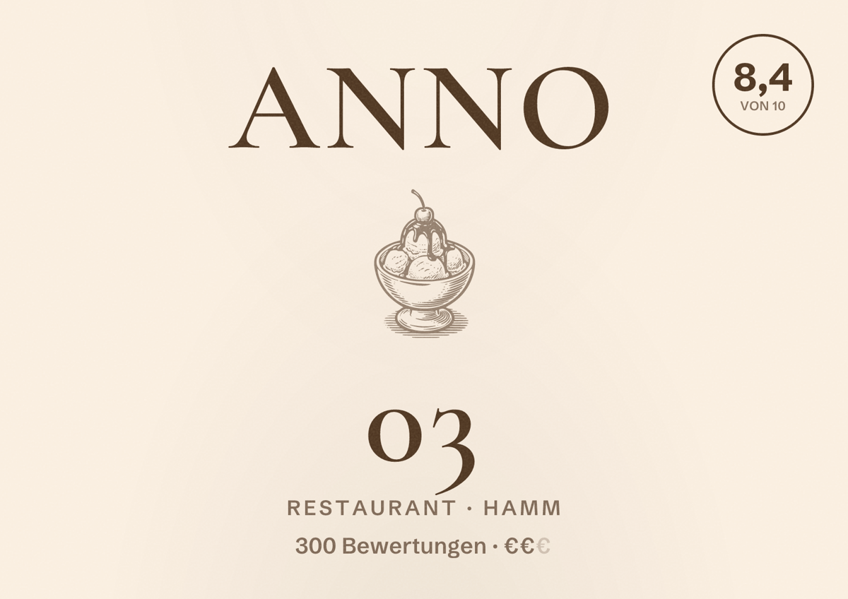 Illustriertes Poster von Anno 03, Restaurant in Hamm: Bewertung 8,4 von 10 aus 300 Bewertungen, Preisniveau €€
