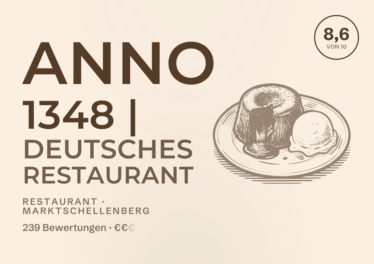 Illustriertes Poster von ANNO 1348 | Deutsches Restaurant, Restaurant in Marktschellenberg: Bewertung 8,6 von 10 aus 239 Bewertungen, Preisniveau €€