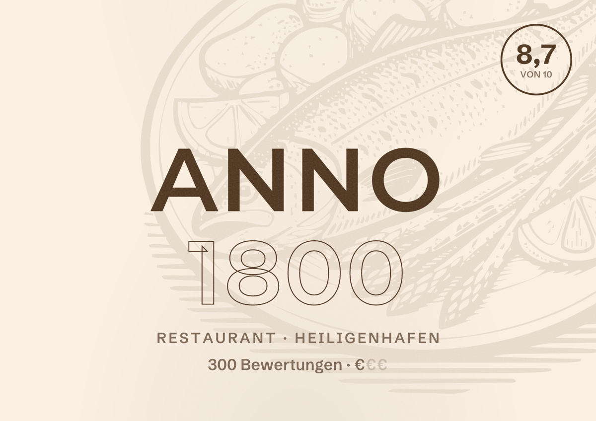 Illustriertes Poster von Anno 1800, Restaurant in Heiligenhafen: Bewertung 8,7 von 10 aus 300 Bewertungen, Preisniveau €