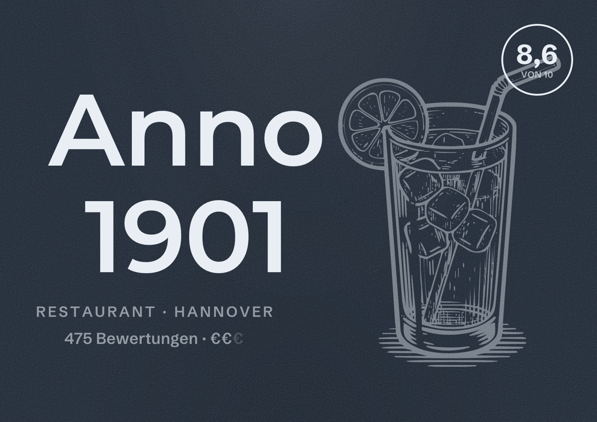 Illustriertes Poster von Anno 1901, Restaurant in Hannover: Bewertung 8,6 von 10 aus 475 Bewertungen, Preisniveau €€
