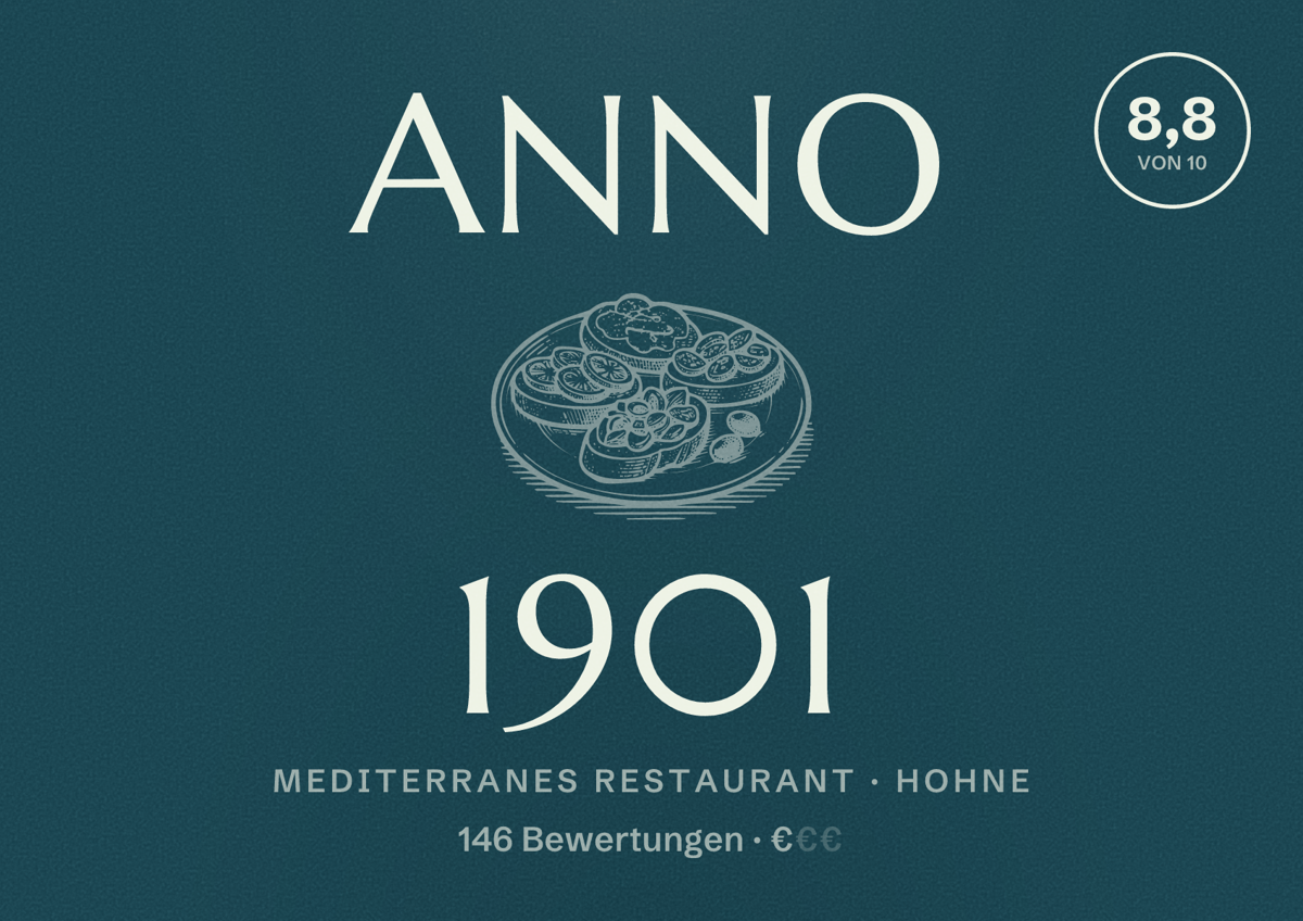 Illustriertes Poster von Anno 1901, Mediterranes Restaurant in Hohne: Bewertung 8,8 von 10 aus 146 Bewertungen, Preisniveau €