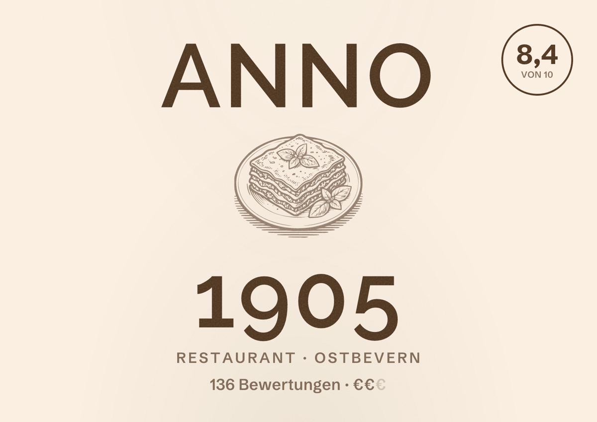 Illustriertes Poster von Anno 1905, Restaurant in Ostbevern: Bewertung 8,4 von 10 aus 136 Bewertungen, Preisniveau €€