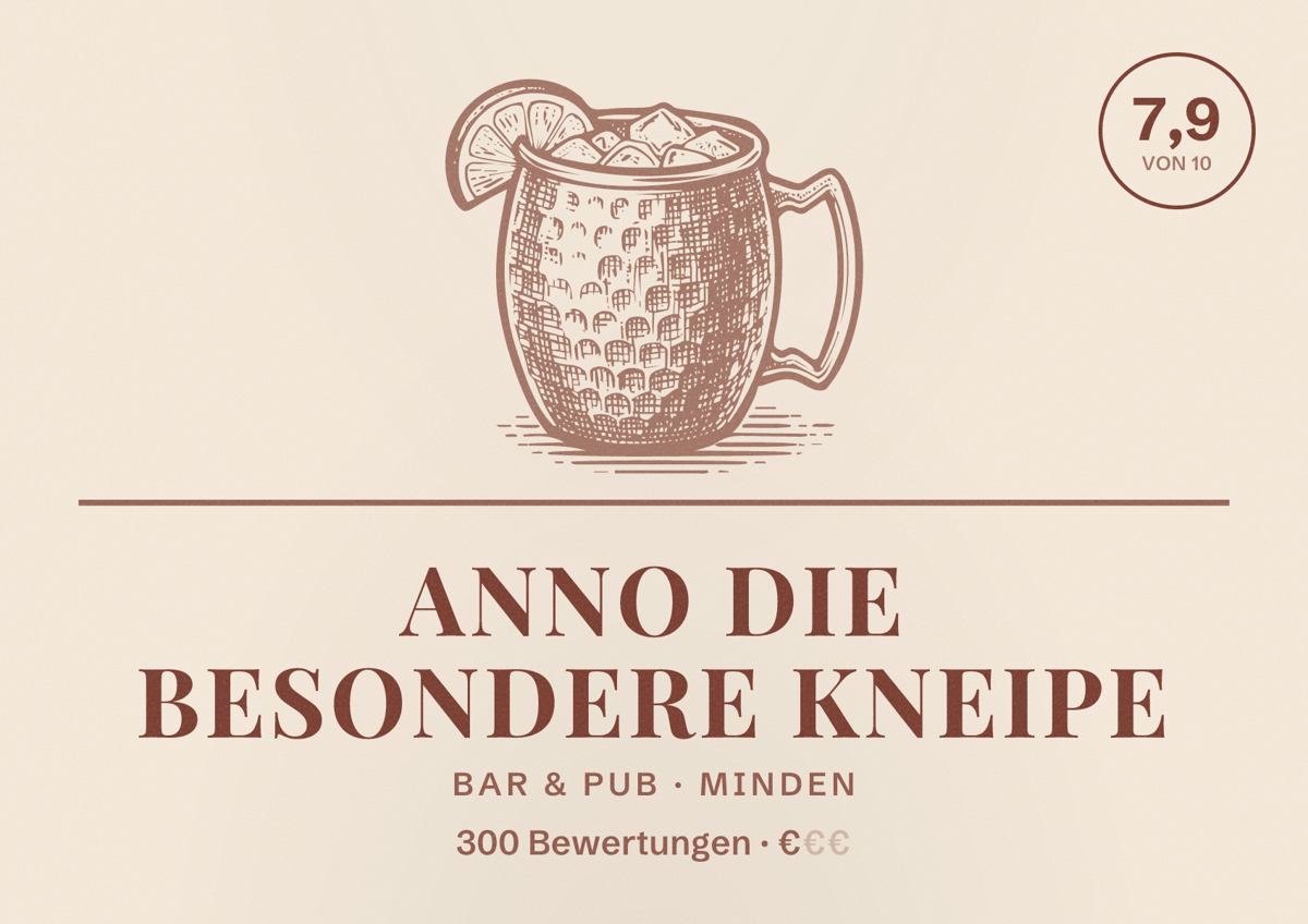 Illustriertes Poster von ANNO die besondere Kneipe, Bar & Pub in Minden: Bewertung 7,9 von 10 aus 300 Bewertungen, Preisniveau €