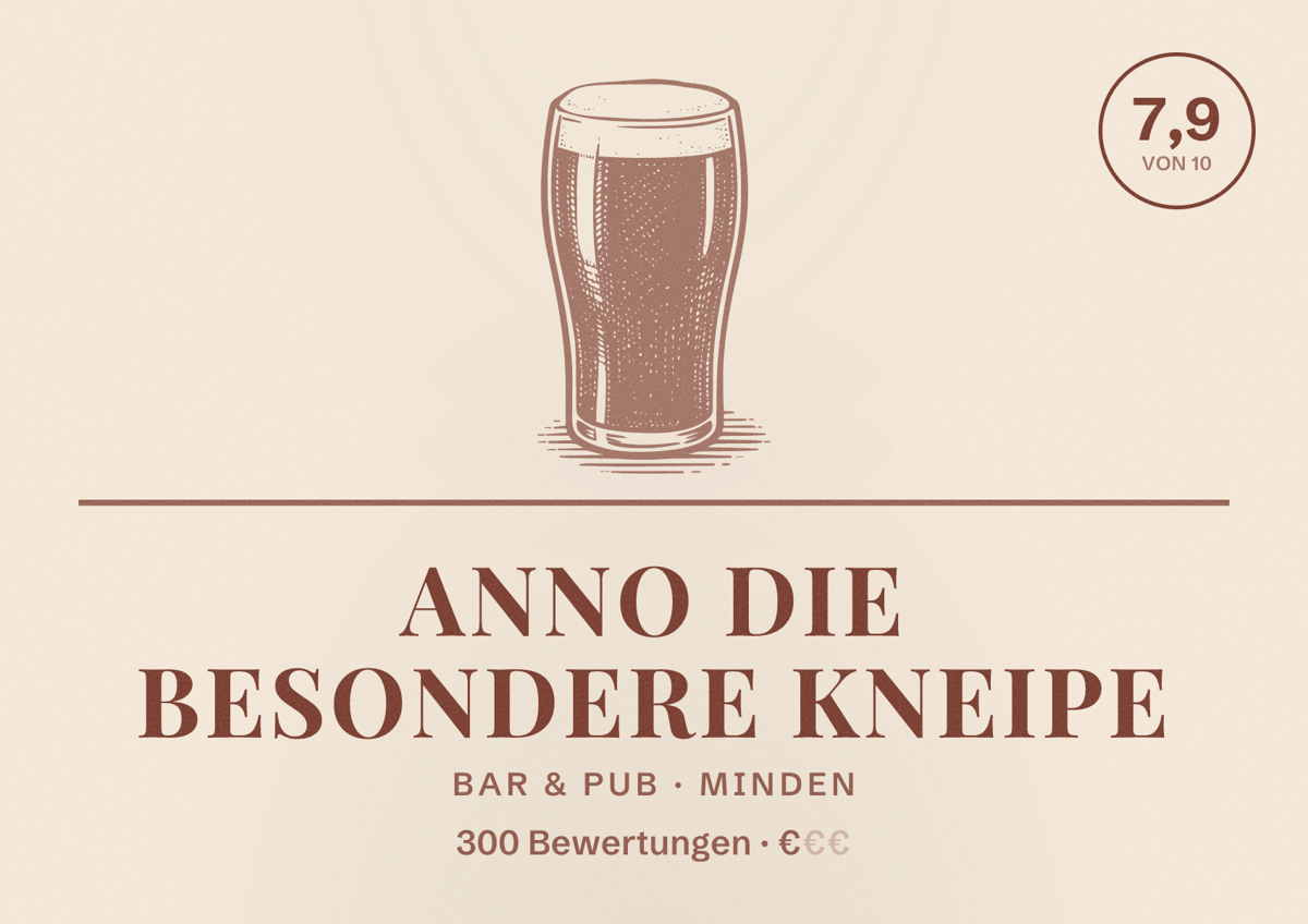 Illustriertes Poster von ANNO die besondere Kneipe, Bar & Pub in Minden: Bewertung 7,9 von 10 aus 300 Bewertungen, Preisniveau €