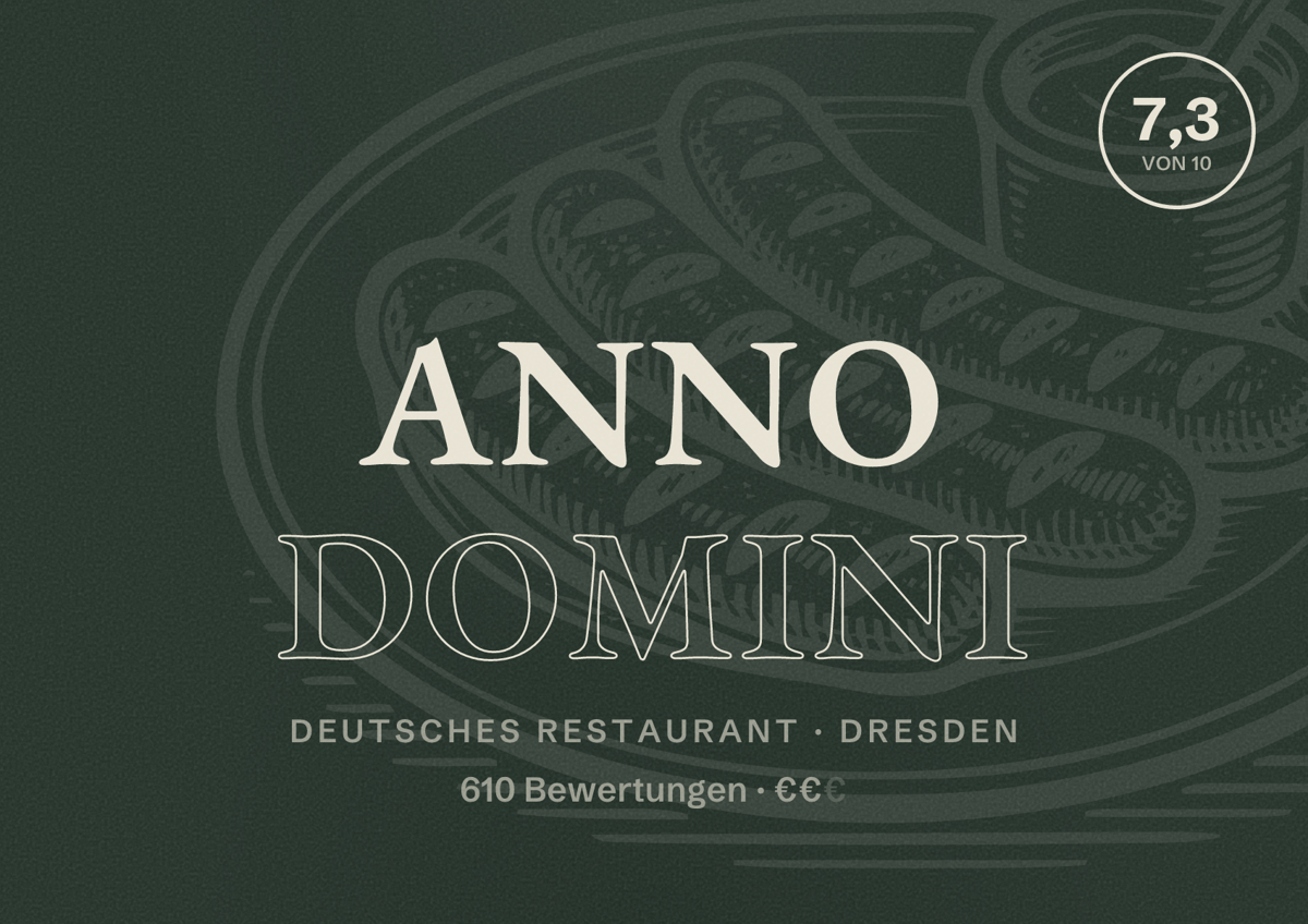Illustriertes Poster von ANNO DOMINI, Deutsches Restaurant in Dresden: Bewertung 7,3 von 10 aus 610 Bewertungen, Preisniveau €€