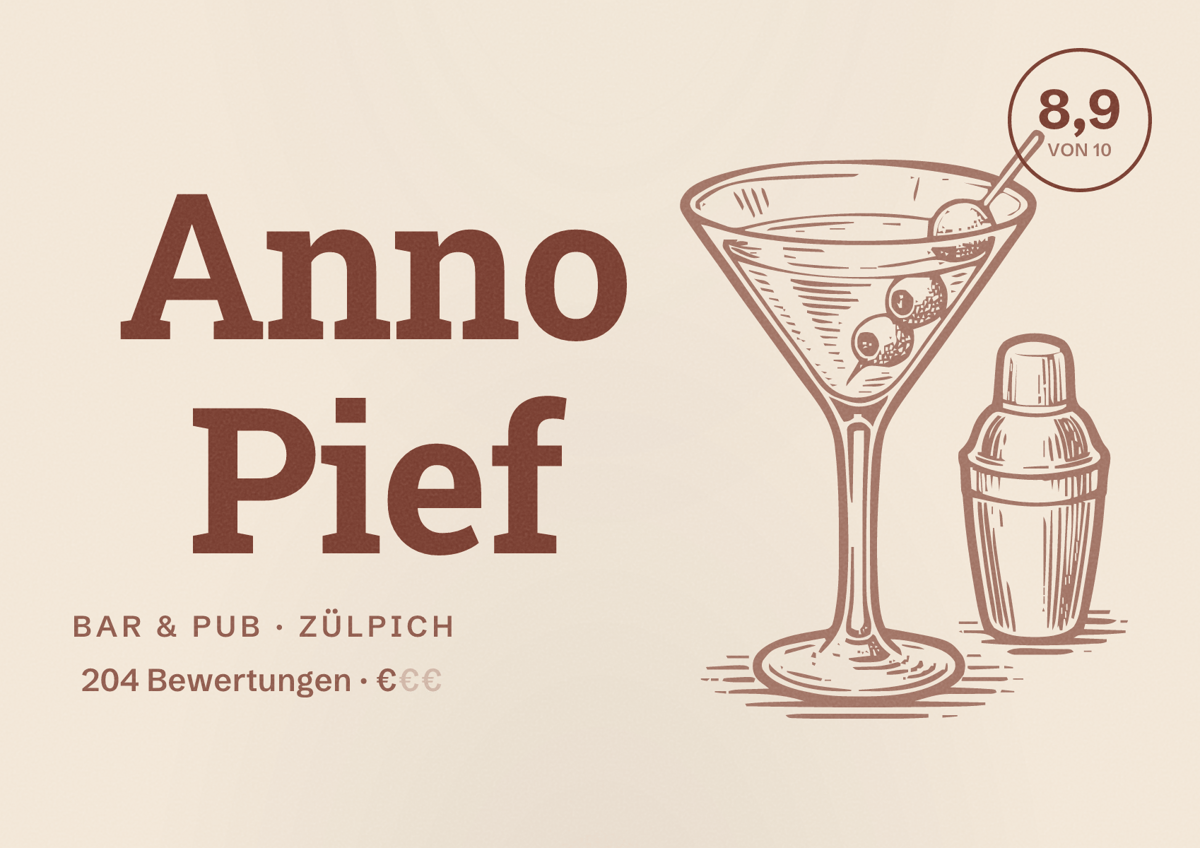 Illustriertes Poster von Anno Pief, Bar & Pub in Zülpich: Bewertung 8,9 von 10 aus 204 Bewertungen, Preisniveau €