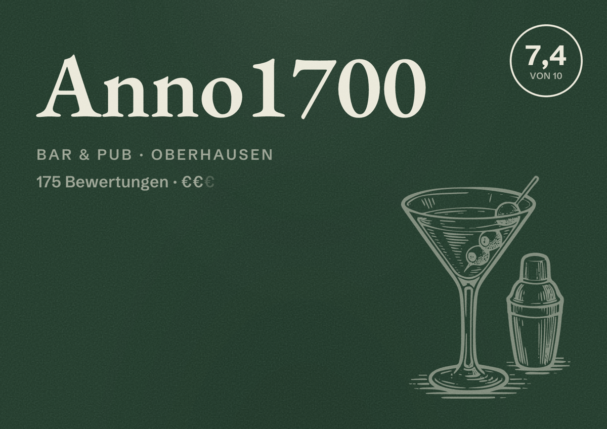 Illustriertes Poster von Anno1700, Bar & Pub in Oberhausen: Bewertung 7,4 von 10 aus 175 Bewertungen, Preisniveau €€