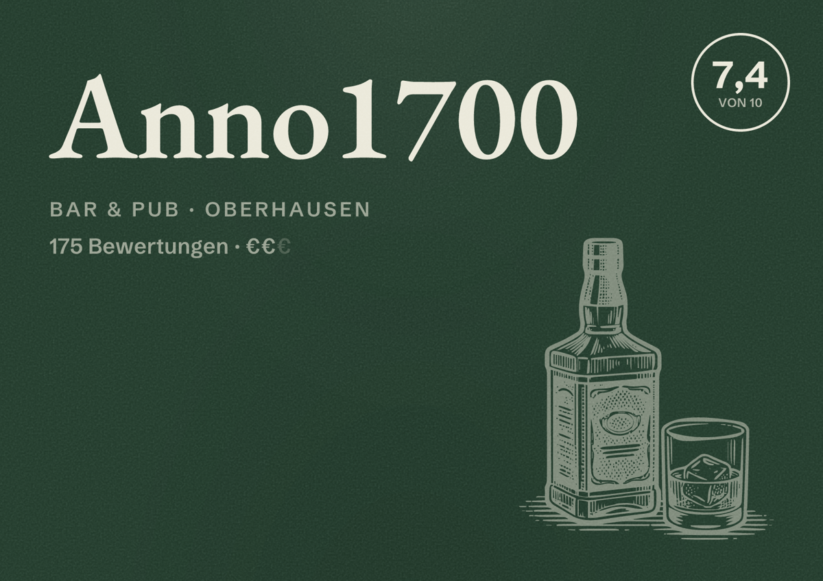 Illustriertes Poster von Anno1700, Bar & Pub in Oberhausen: Bewertung 7,4 von 10 aus 175 Bewertungen, Preisniveau €€